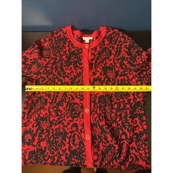 Isaac Mizrahi Live Womens Large Cardigan Red Black Button Up Long Whimsigoth - Picture 8 of 9